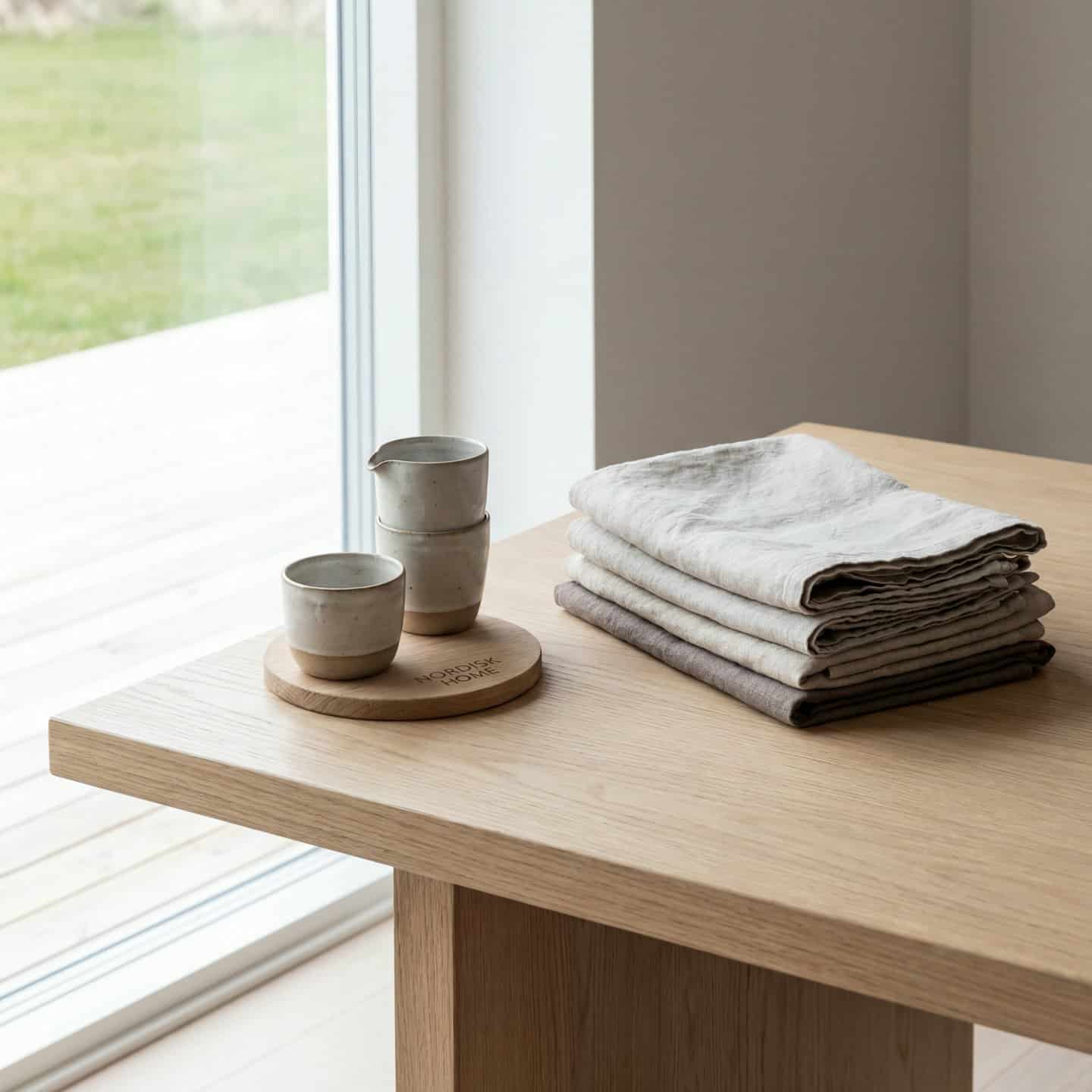 Tovaglioli di lino e tazze in ceramica disposti su un tavolo di legno.